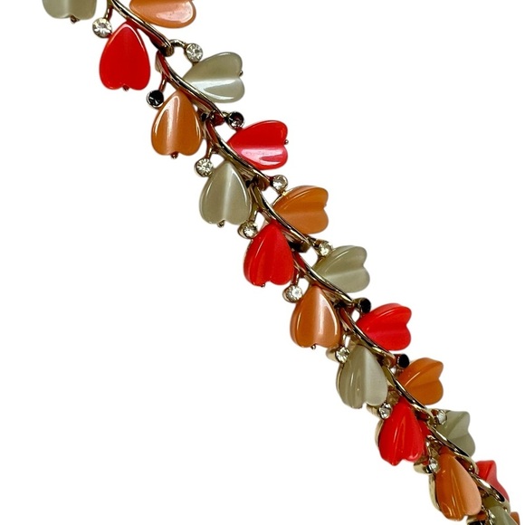 Vintage Lisner Choker Necklace & Clip On Earrings Set Orange Green Leaves MCM - Picture 3 of 8